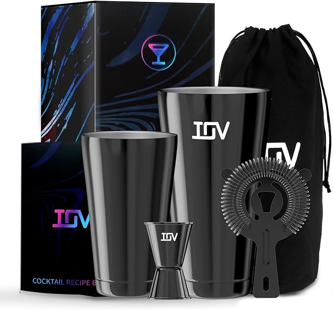 IOV Boston Cocktail Shaker Bar Set, Bartender Kit Drink Mixer Set with 18 oz & 28 oz Boston Shakers, Hawthorne Strainer, Double Jigger, Bar Tool Kit and Recipe Booklet - Black