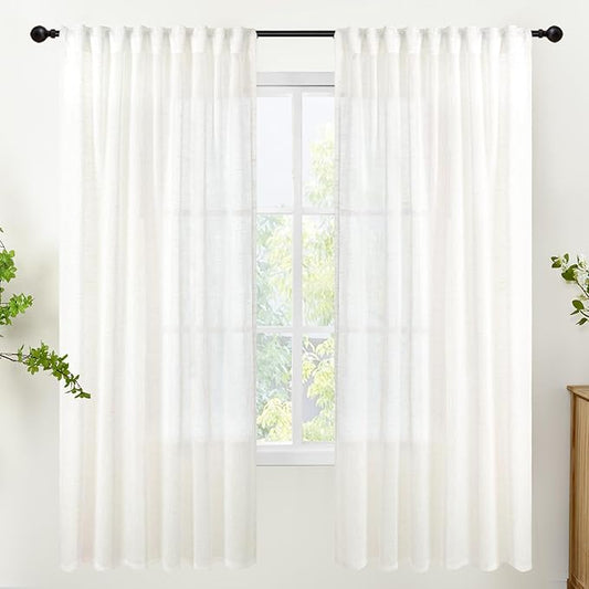 YoungsTex Linen Semi Sheer Curtains 72 Inch Length for Living Room, Ivory White Rustic Window Drapes Texutred Light Filtering with Rod Pocket Back Tab for Bedroom Dining, 2 Panels, 52 X 72 Inch