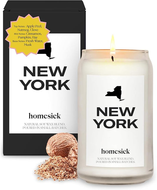 Homesick Scented Candles for Home (New York) - 13.75 oz Long-Lasting Soy Wax Jar Candle for Women & Men for All Occasions, 60-80 Hours Burn Time - Notes of Nutmeg, Cinnamon & Clove