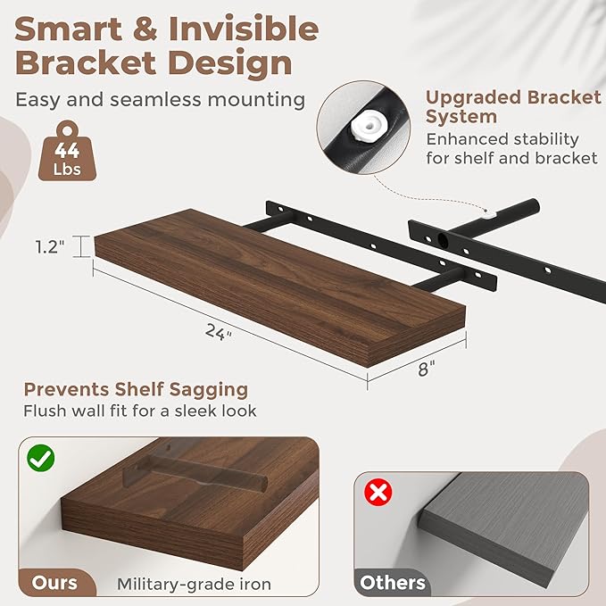 Floating Shelves for Wall with Invisible Brackets, Wall Mounted Engineered Wood Shelves with Wood Grain for Living Room, Bedroom, Bathroom, Kitchen Decor and Storage, Oak, 24"L Set of 2, Walnut