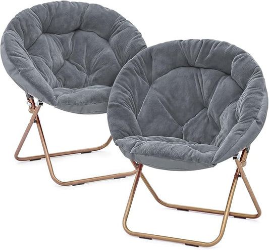 Magshion Saucer Chair for Adults, Comfy Living Room Lounge Chair for Bedroom Corner, Dorm, Apartment, Faux Fur Fluffy Circle Accent Seat with Thick Padded & Folding Metal Frame (Grey, Set of 2)