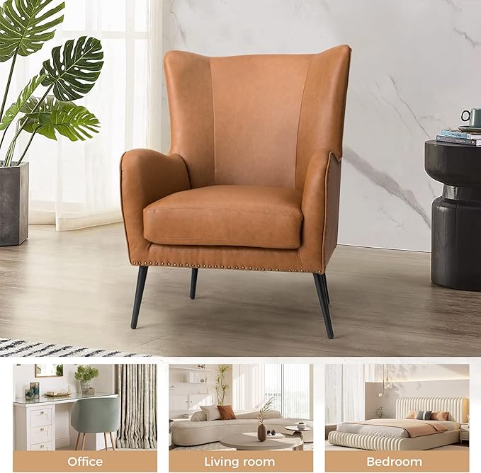 HULALA Home Faux Leather Accent Chair w/Removable Cushion, Comfy Upholstered Armchair with Black Metal Legs & Nailhead Trim Wingback Vanity Chair Desk Chair for Reading Living Room Bedroom, Camel