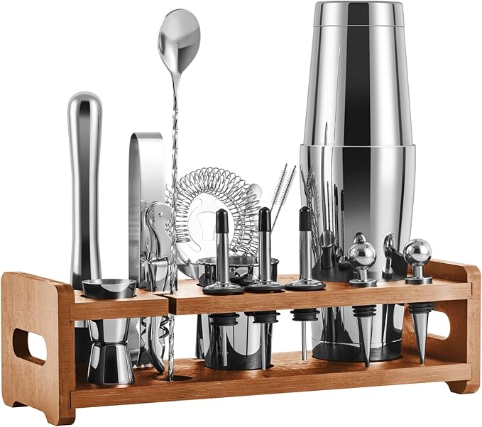 SOING Mixology 24-Piece Bartender Kit,Perfect Home Cocktail Shaker Set for Drink Mixing,Stainless Steel Bar Tools with Stand,Velvet Carry Bag & Recipes Cards Included