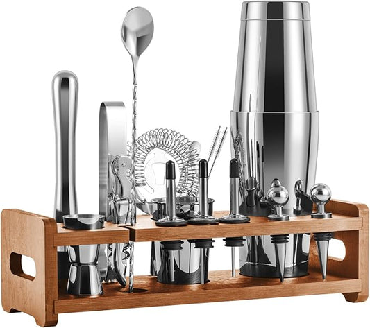 SOING Mixology 24-Piece Bartender Kit,Perfect Home Cocktail Shaker Set for Drink Mixing,Stainless Steel Bar Tools with Stand,Velvet Carry Bag & Recipes Cards Included