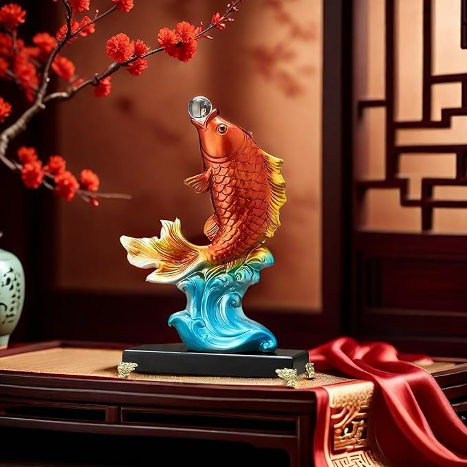 FUNSXBUG 13.3 Inch Large Chinese Feng Shui Fish Statue Sculpture Collectible Figurine Feng Shui Decor Home Office Decoration Tabletop Decor Ornaments Good Lucky Gifts (Red)