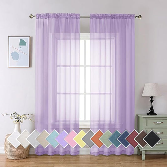 Aiyufeng Light Purple Sheer Curtain Panels Pair Sold 84 Inch Length, Light Filtering Window Curtain Drapes Treatment for Kitchen, Bedroom/Children Room, Voile Top Dual Rod Pocket, 40x84", Pack of 2