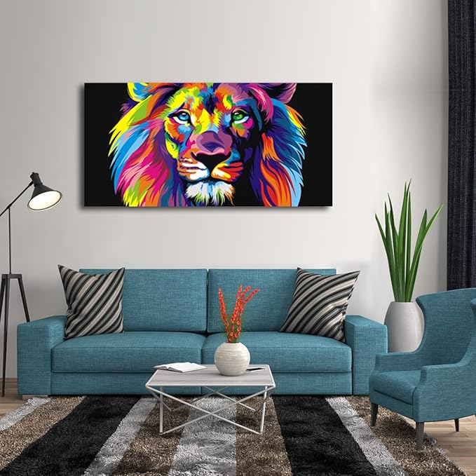 Animal Lion Pictures Wall Decor Art for Bedroom,Colorful Lion Canvas Wall Art Paintings for Living Room,Artwork Stretched and Ready to Hang,Size 24x48inches.