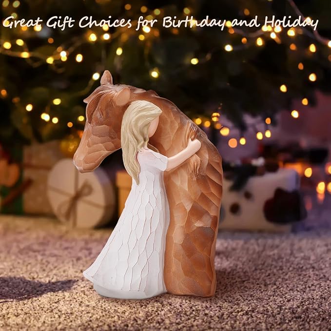 LUCKYBUNNY Guardian Angel Statues - Hand-Painted Girl Embracing Horse Figurines, Cowgirls and Horse Loss Remembrance Gifts