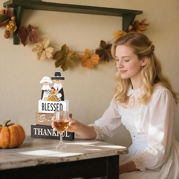 4 Pcs Thanksgiving Table Decor for Home Pilgrim Couple Wooden Signs with Blessed Thanksgiving Autumn Tiered Tray Decor Turkey Tabletop Centerpiece Grateful Block Signs for Office Kitchen Shelf