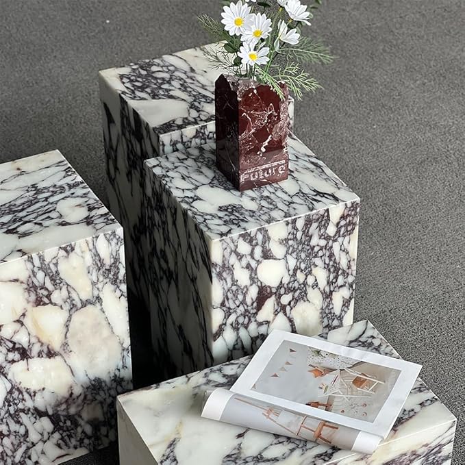 Luxury Marble Side Table,Square End Table for Modern Sofa and Bed, Living Room, Sofa, Bedroom（Calacatta Viola）