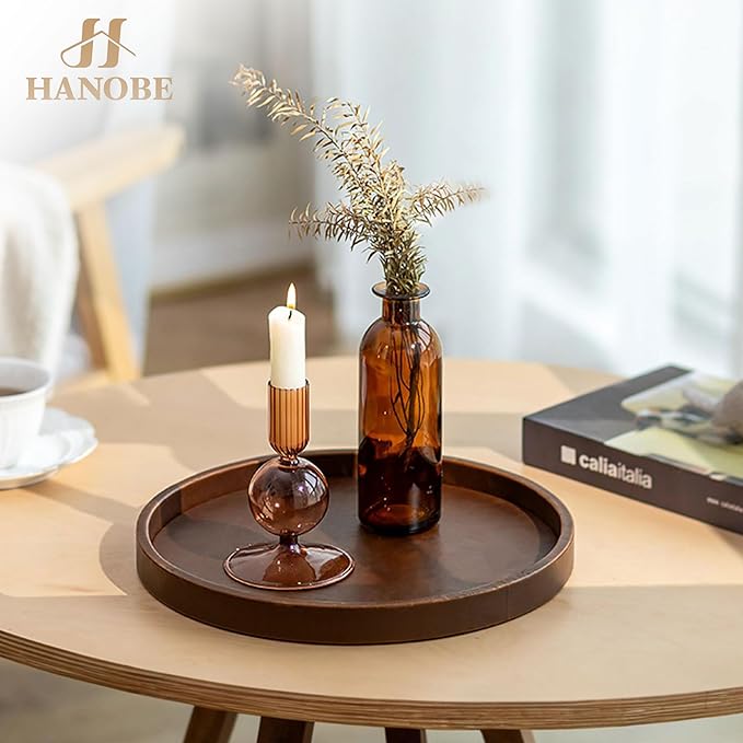Hanobe Decorative Tray Round Serving: Faux Leather Coffee Table Trays Decor 12 inch Small Brown Circle for Bar Ottoman Party Modern Home Kitchen Counter Centerpiece