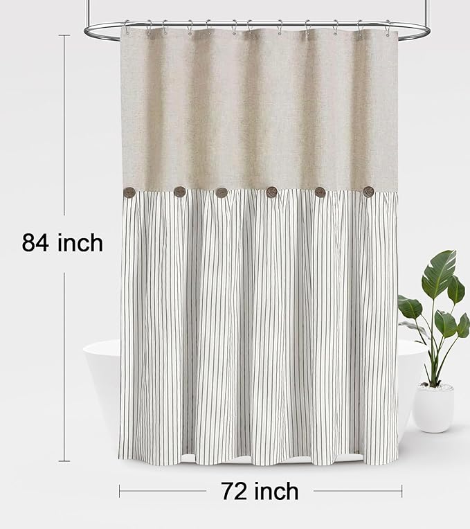 Awellife Farmhouse Beige Shower Curtain Button Linen Textured Woven Fabric,Pleated Grey Stripe,Country Style,72" W x 84" L