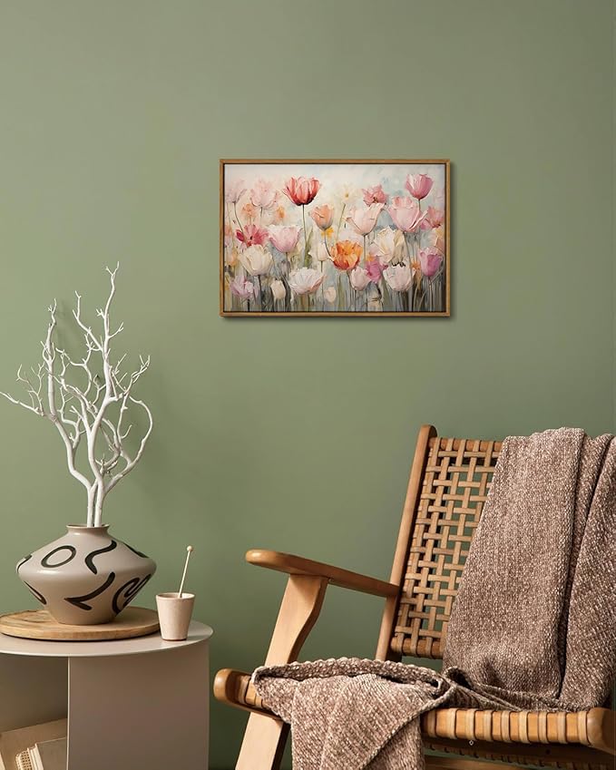 KISSFOX Boho Textured Floral Canvas Wall Art Blush Peach Tulips Framed Wall Art Vintage Colorful Paintings Artwork Abstract Modern Art Prints For Bedroom Kitchen Living Room