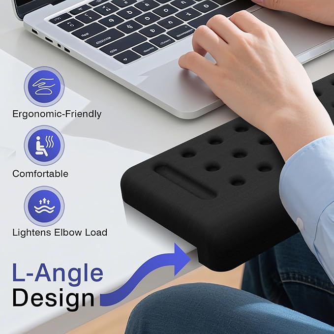 L-Shaped Desk Edge Cushion, 2 PCS Elbow Rest for Desk with Ergonomic Support, Memory Foam Elbow Pad & Arm Rest for Palm, Wrist & Forearm, Non-Slip & Separate Design, Office & Home, Black