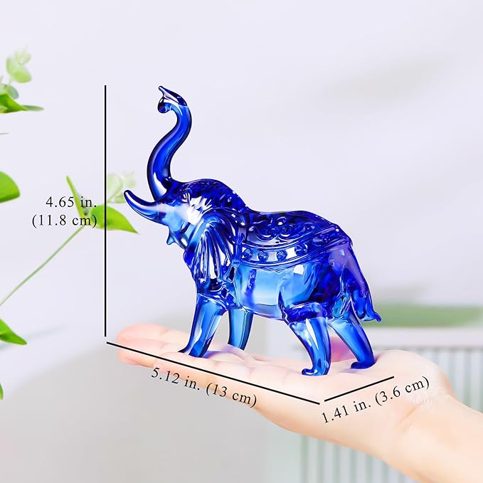 YWHL Blue Crystal Elephant Figurine Gifts for Women & Men, Glass Elephant Statue for Home & Office Decor, Handmade Art Animals Collectible