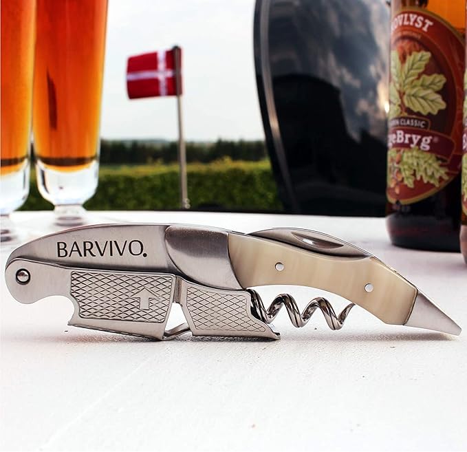Barvivo Wine Opener with Foil Cutter and Cap Remover - Double Hinged Corkscrew for Bartenders - Stainless Steel Wine Key for Easy Bottle Opening - Manual Wine Bottle Opener - White Resin, 4.7x1.2-Inch