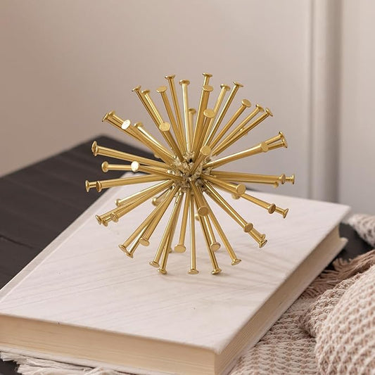 4.5” Metal Spike Sphere Tabletop Decor, Gold Geometric Decorative Ball, Abstract Sculpture Table Decorations for Home, Art Decor Orb for Living Room Bedroom Office