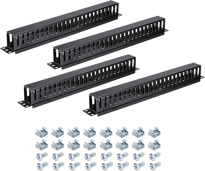 PATIKIL 1U 19 Inch Cable Manager, 4 Pack 24 Slot Horizontal Rack Mount Wires Management Metal Finger Duct Wire Organizer for Network Cabinet, Black