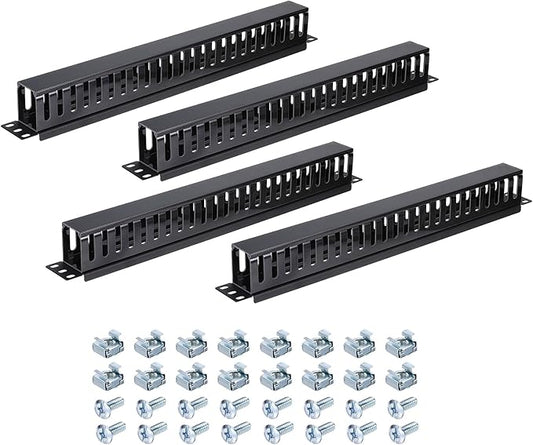 PATIKIL 1U 19 Inch Cable Manager, 4 Pack 24 Slot Horizontal Rack Mount Wires Management Metal Finger Duct Wire Organizer for Network Cabinet, Black