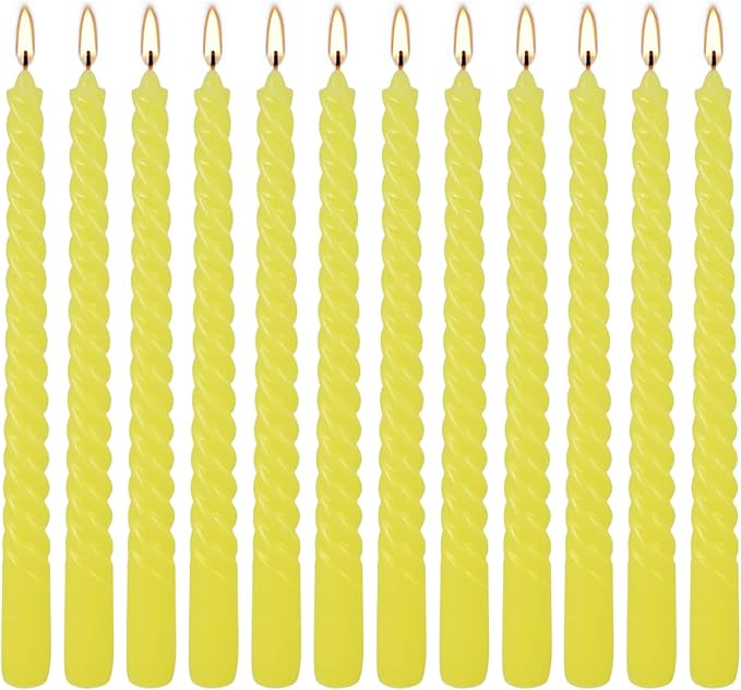 12 Pack 10 inch Yellow Spiral Taper Candles - Dripless, Smokeless, Unscented - 7 Hours Long Burning - Spiral Tall Candlesticks - Perfect for Home Decor, Weddings,Halloween, and Special Occasions.