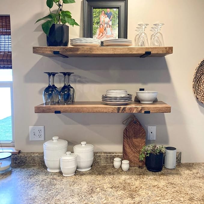URBANDI, Rustic Floating Shelves, Set of 2, Hidden Bracket, Solid Wood, Heavy Duty, Wall Mounted Shelves, (Brown, 36Wx12D)
