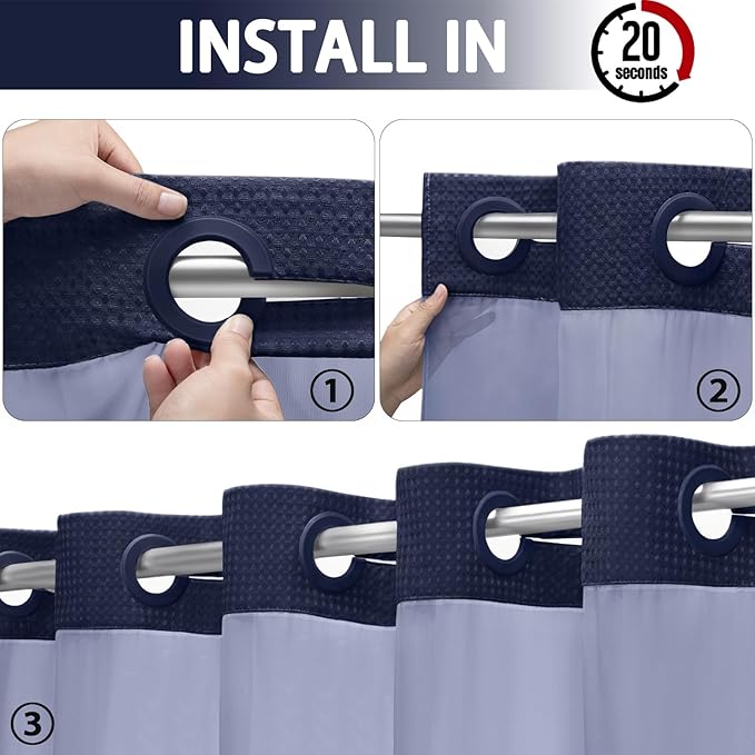 YellyHommy No Hook Shower Curtain with Snap in Liner Set Less Time Blue Waffle Shower Curtain for Bathroom 75" L x 78" W