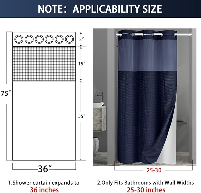 YellyHommy Stall No Hook Shower Curtain with Snap in Liner Set Less Time Blue Waffle Shower Curtain for Bathroom 75" L x 36" W