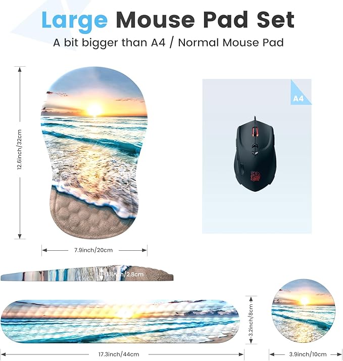 HAOCOO Ergonomic Mouse Pad with Wrist Rest and Keyboard Wrist Rest Pad, Wrist Rest for Computer Keyboard and Mouse Pad Cushion Set, Typing Mousepad with Wrist Support for Office Laptop, Beach