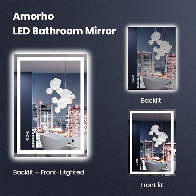 Amorho LED Mirror for Bathroom 28X20 Inch with Backlight and Front Lit, Anti-Fog Mirror for Wall Mounted, Dimmable, 3 Colors, Memory