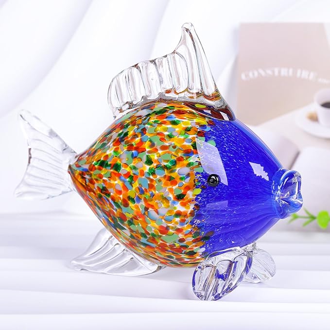 9.4 in Blown Colored Glass Fish Statue, Blue Glass Fish Paperweight Sculpture for Modern Home Decor, Living Room Coffee Table, Office Desk, Dining Table Centerpiece, and Window Display (G)