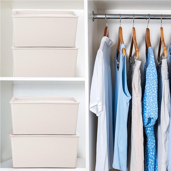 Menkxi 4 Pcs Storage Bins with Lids Plastic Containers Stackable Storage Box Baskets for Organizing Shelves(Beige,Large)