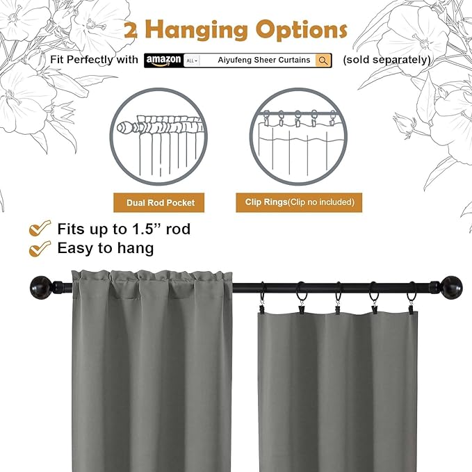 Aiyufeng Light Grey Blackout Curtains for Bedroom 72 Inch Length 2 Panels, Privacy Thermal Insulated Rod Pocket Door Window Curtains for Patio French Door Front Door, W40 x L72 Inch, Light Grey