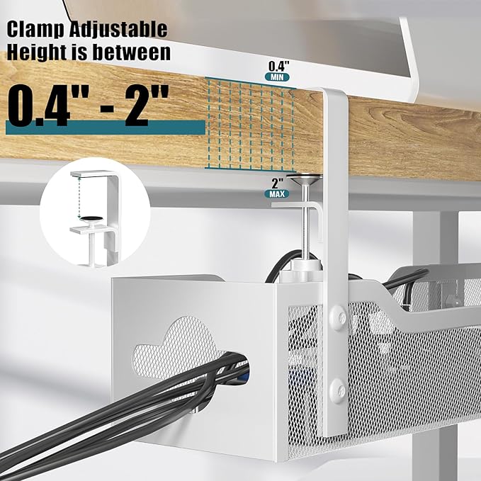 Under Desk Cable Management Tray White, Litwaro Cable Management Under Desk No Drill, 25'' Cable Tray with Clamp for Wire Management, Cord Organizer for Office, Home - No Damage to Table