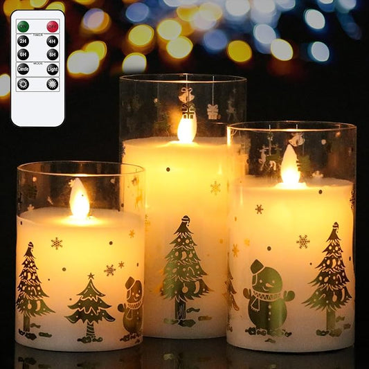 DRomance Christmas Battery Operated Flameless Candles Flickering Remote and Timer Glass LED Pillar Candles Moving Wick Real Wax Gold Snowman Christmas Tree Decals Holiday Decor D3 x H4, 5", 6"