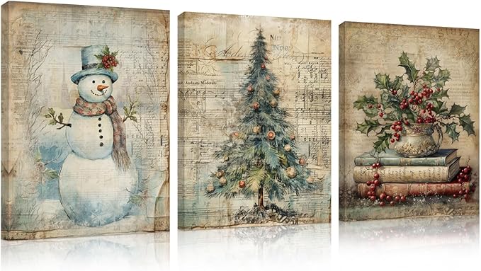 DSHFG Vintage Christmas Wall Art Decor, Retro Christmas Santa Trees Book Wall Decor Canvas Set of 3, Retro Christmas Decorations for Home Bedroom Bathroom Kitchen Living Room, 14x11 Inch Framed