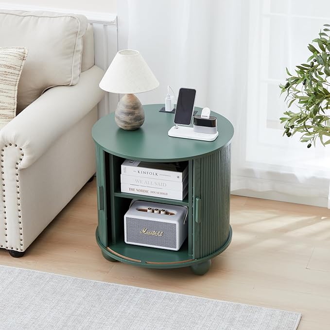 AVZEAR 24" Large Round End Table with Charging Station, Farmhouse Fluted Sofa Side Table with Sliding Tambour Door & Storage, Mid-Century Wood Nightstand for Living Room, Bedroom, Green