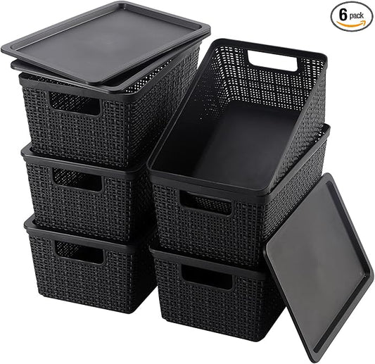 6 Pack Plastic Storage Baskets With Lids,Black Breathable Stackable Storage Bins,Small Storage Containers,for Organizing Storage Baskets on Desktops,Closets,Playrooms,Classrooms,Offices