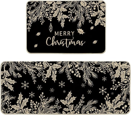 Artoid Mode Black Holly Pine Branches Merry Christmas Kitchen Mats Set of 2, Winter Decor Low-Profile Kitchen Rugs for Floor - 24x35 and 24x59 Inch