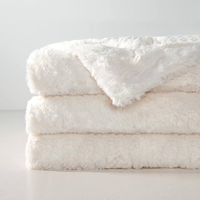 TOONOW Faux Fur Luxury Throw Blanket,Double Side Soft Fluffy Shaggy Fuzzy Blanket for Couch Sofa Bed (Cream, Throw)