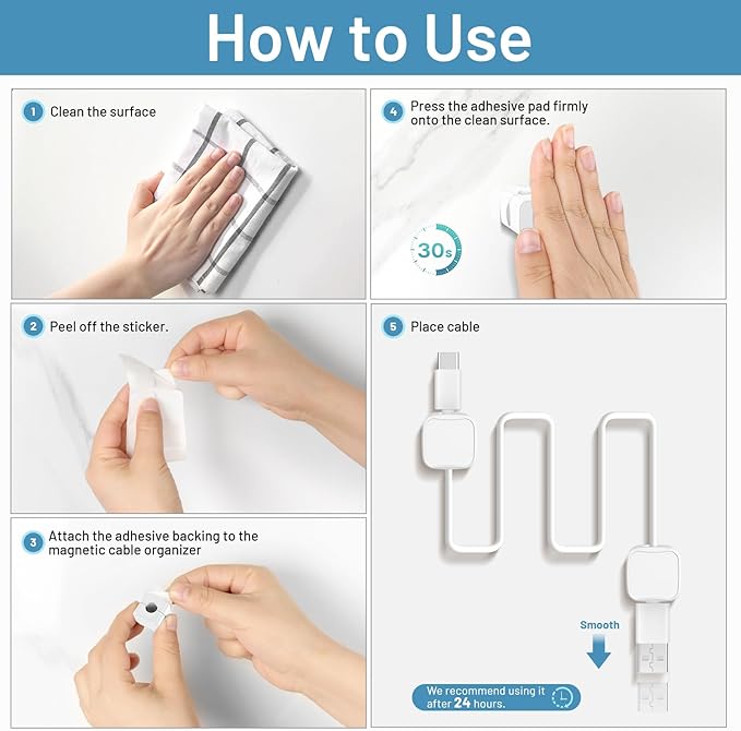 6 Pack Magnetic Cord Holder, Znben Cable Clips White Cord Organizer Holder Adhesive Cable Management Charger Wire Holder Clips for Desk, Car, Office, Home, Cubicle, Nightstand