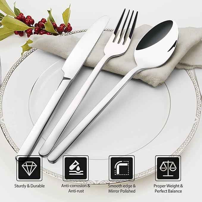 KINGSTONE Silverware Set, 5 Piece Flatware Cutlery Set for 1, 18/10 Stainless Steel Silverware Mirror Polished Dishwasher Safe for Home, Restaurant, Wedding, Party(Silver, 5 pieces for 1)