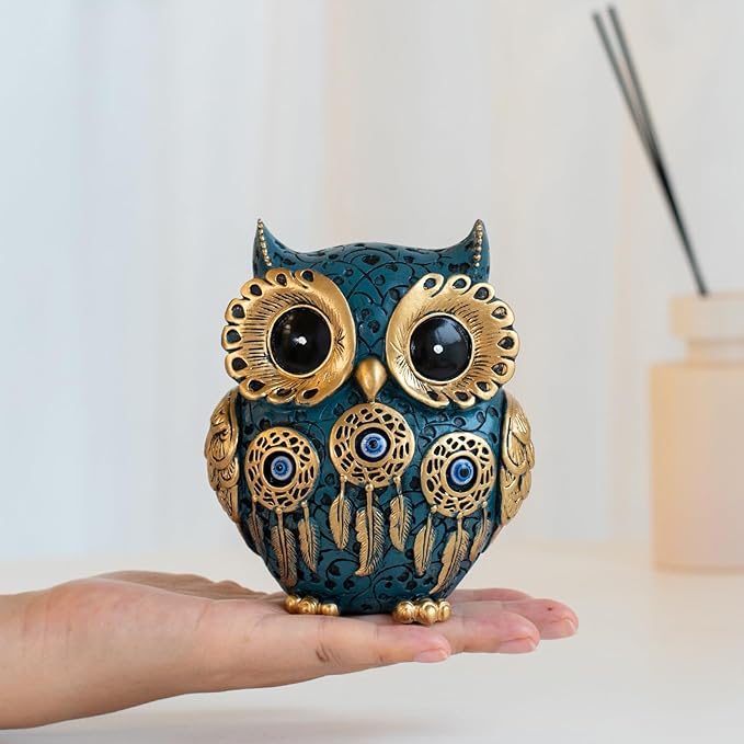 Decorative Owl Figurine, Vintage Blue and Gold Owl Statue Home Decor - Evil Eye Accent for Bookshelf, Bedroom, Living Room, Office & Table. Cute Small Animal Sculpture Gift for Birds Lovers.(Blue)