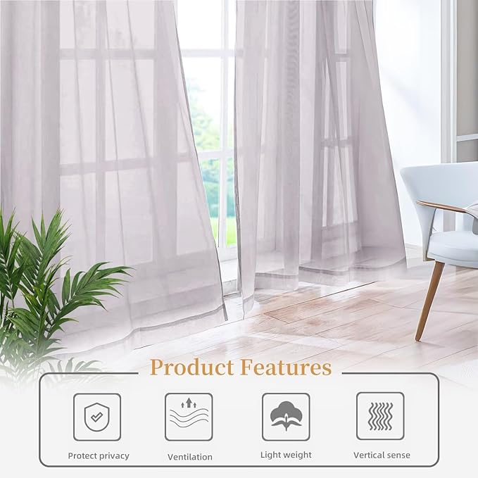 Sheer Curtains 45 Inches Long 2 Panels, Rod Pocket Short Curtain for Kitchen, Bedroom, Cafe Window(Light Grey 38" W x 45" L)