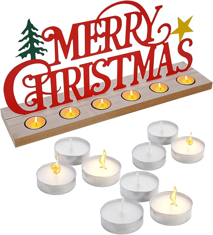 Metal Merry Christmas Sign, Tiered Tray Decor with 18 Pcs Tealights, Red Christmas Decorations Tea Lights Candles Holders for Home, Office, Shelf, Mantel, Indoor, Table, Winter Decoration