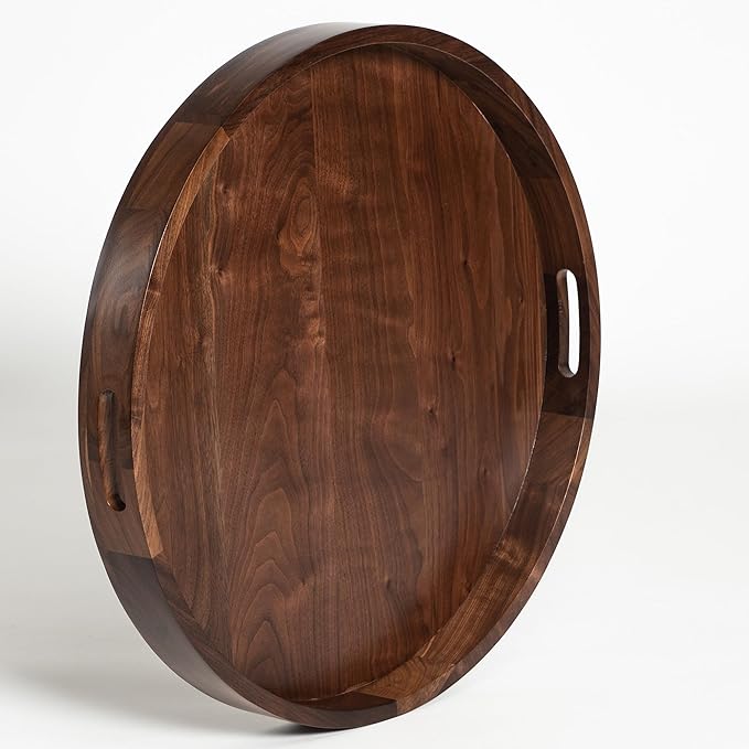 22 x 22 inches Round Ottoman Table Tray, Wooden Solid Black Walnut Circle Platter Decorative Serving Tray with Handle for Oversized Ottoman Home Breakfast in Bed Tea Coffee
