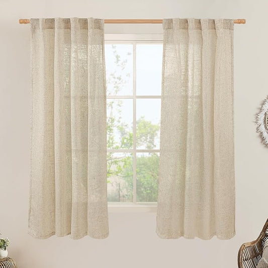 LAMIT Natural Linen Semi Sheer Curtains 63 Inch for Bedroom, Light Filtering Curtains Farmhouse Boho Back Tab and Rod Pocket Drapes for Dining Room, 2 Panels (38 x 63 Inch, Linen)
