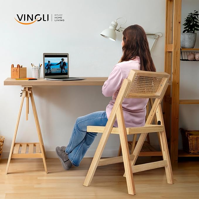 VINGLI 4 Pack Rattan Dining Chair, Wood Folding Chair with 360° Swivel Backrest, Rubberwood Frame and Rattan Woven Seat and Back, Natural Color, Set of 4