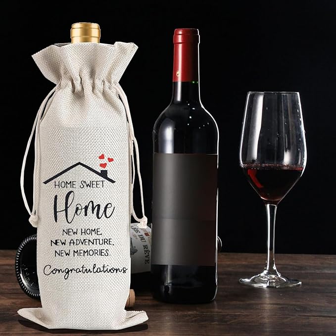 2Pcs Housewarming Gifts New Home Wine Bag,Perfect Gifts for New Homeowners, Realtor Gift to Clients,New Home Wine Bag For Friends, with 2Pcs Kraft Blessing Cards and natural jute rope
