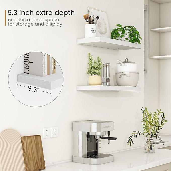 Fun Memories Floating Shelves - 2 Pack 9 Inch Deep Rustic Wooden Wall Shelves - Wall Mounted Storage Shelf with Invisible Brackets, 24" W x 9" D x 1.6" H - White