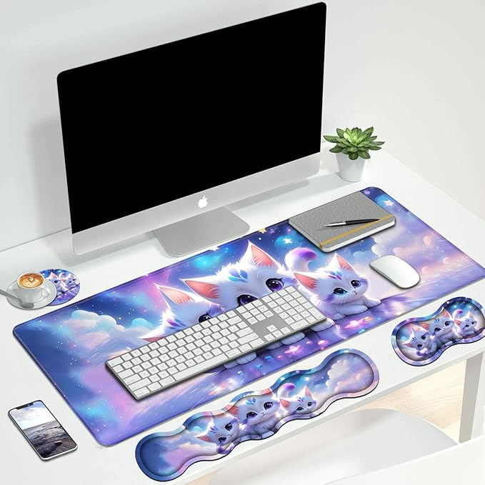 4 in 1 Ergonomic Keyboard Wrist Rest & Mouse Pad Wrist Rest Set, Large XXL Gaming Desk Mat 31.5"x 11.8" with Non-Slip Base, Memory Foam for Home Office Study Gaming, Cute Cat